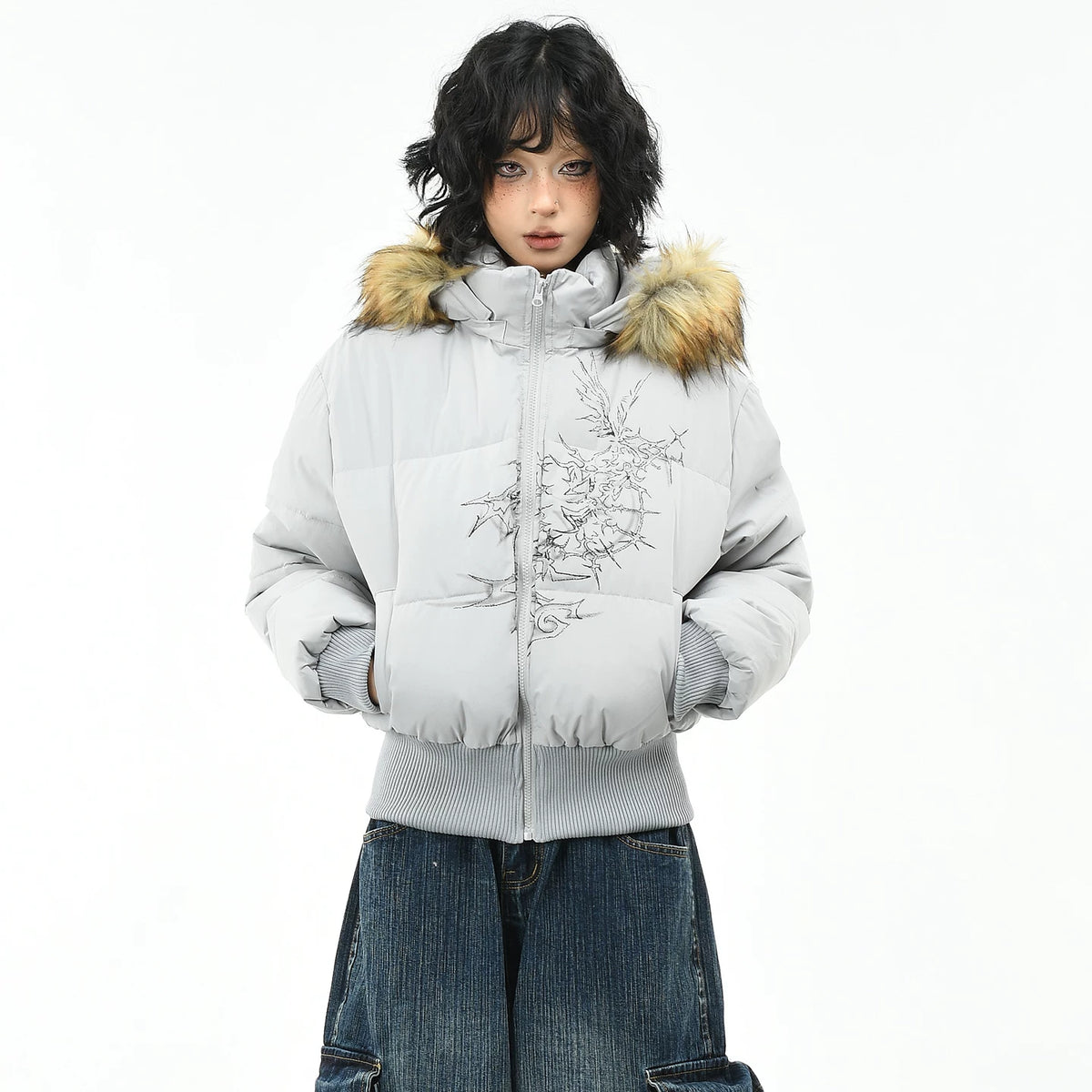 OV original American style fur collar, detachable waist, hood, cotton jacket, women's winter short style, slim and warm, cotton jacket, trendy