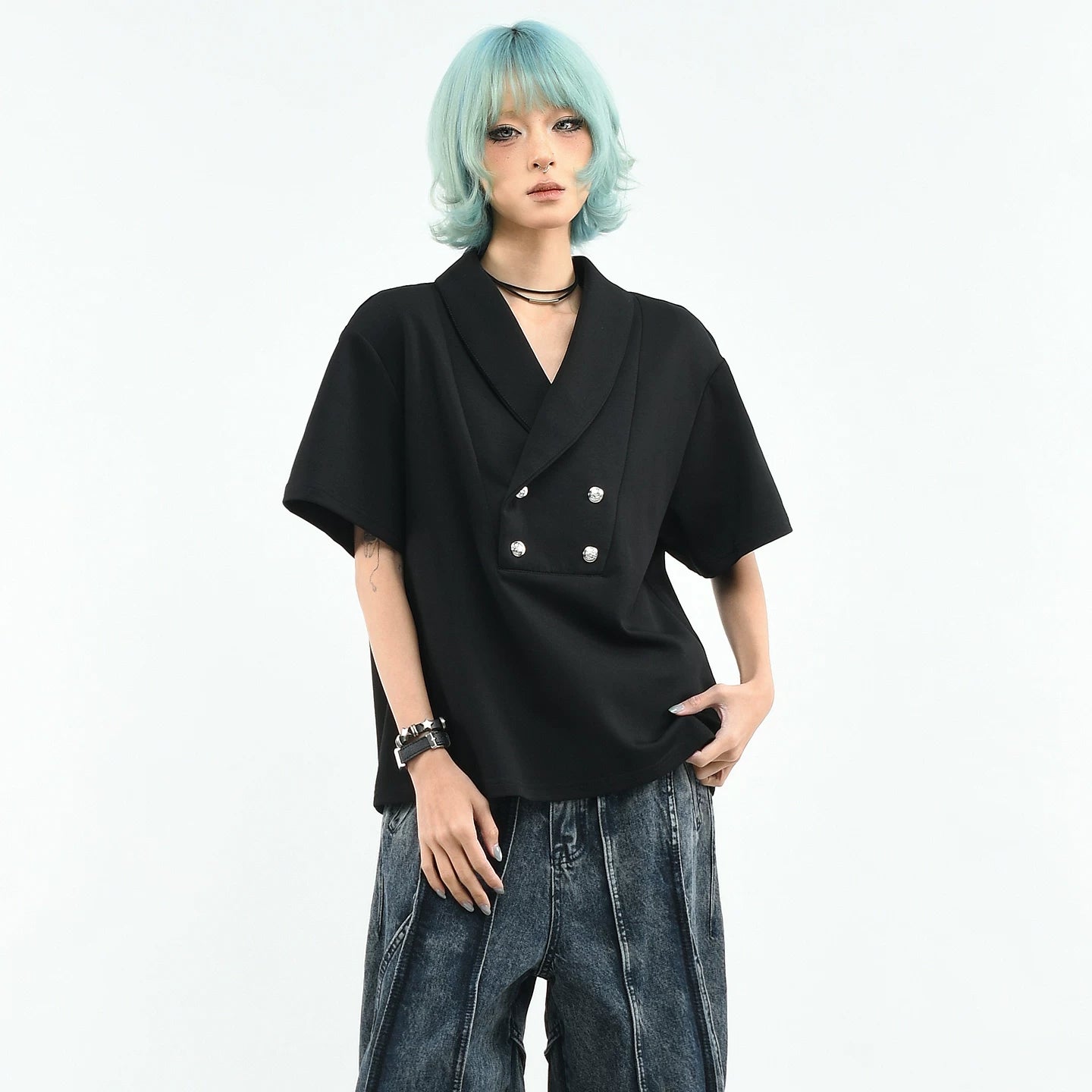OV Original/Double breasted suit collar, shoulder pads, lapel collar, short sleeved women's summer loose and luxurious feeling, old money style T-shirt, men's trend