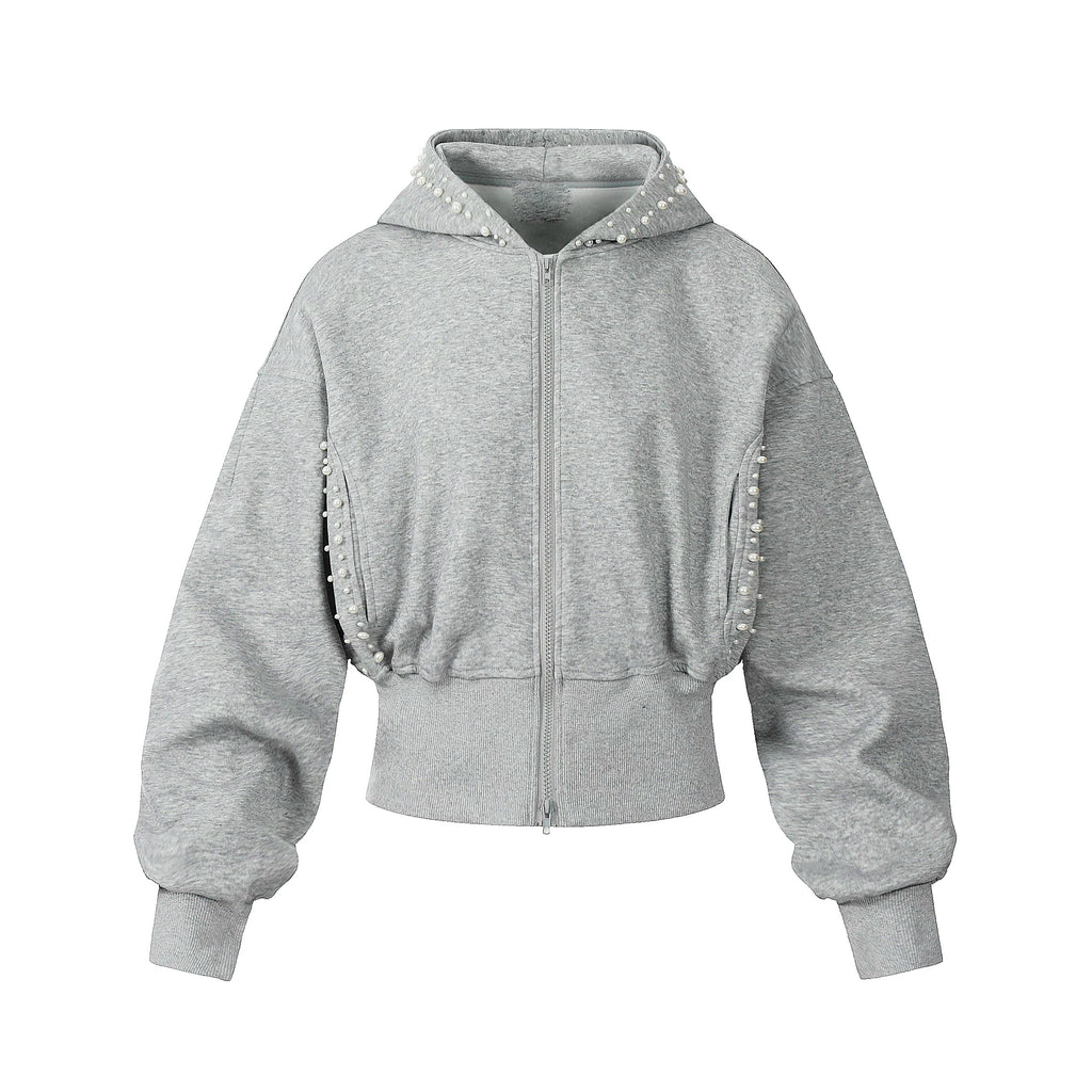 OV original American three-dimensional pearl design sense short hooded sweatshirt for women in autumn lazy style loose cardigan jacket