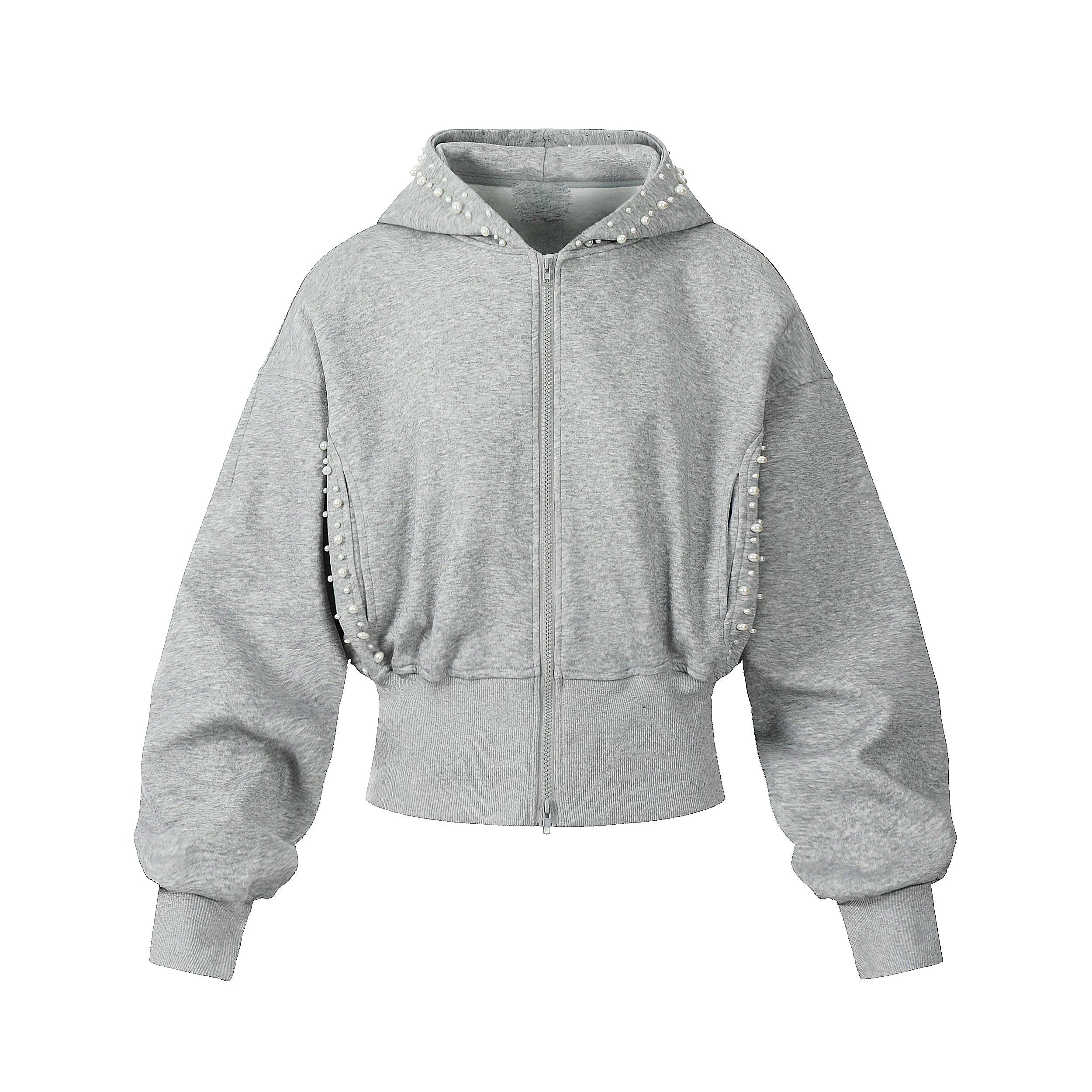 OV original American three-dimensional pearl design sense short hooded sweatshirt for women in autumn lazy style loose cardigan jacket