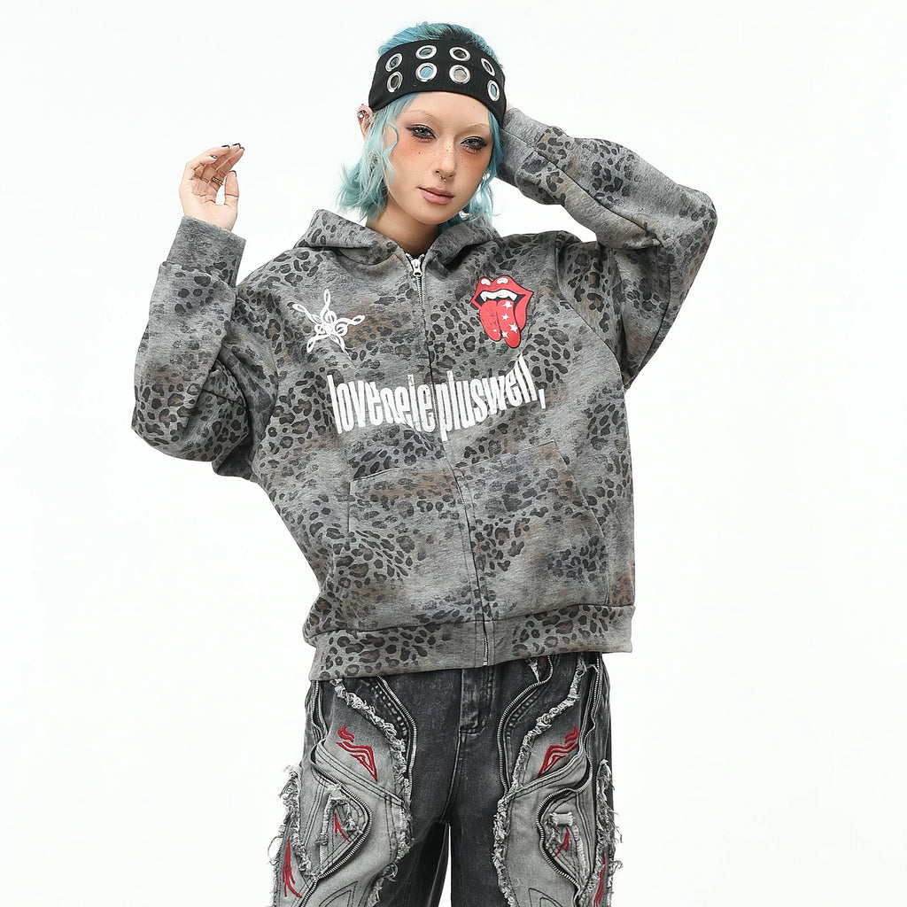 OV original American leopard print rolling stone print hooded sweatshirt for men and women, autumn loose subculture trendy brand cardigan jacket