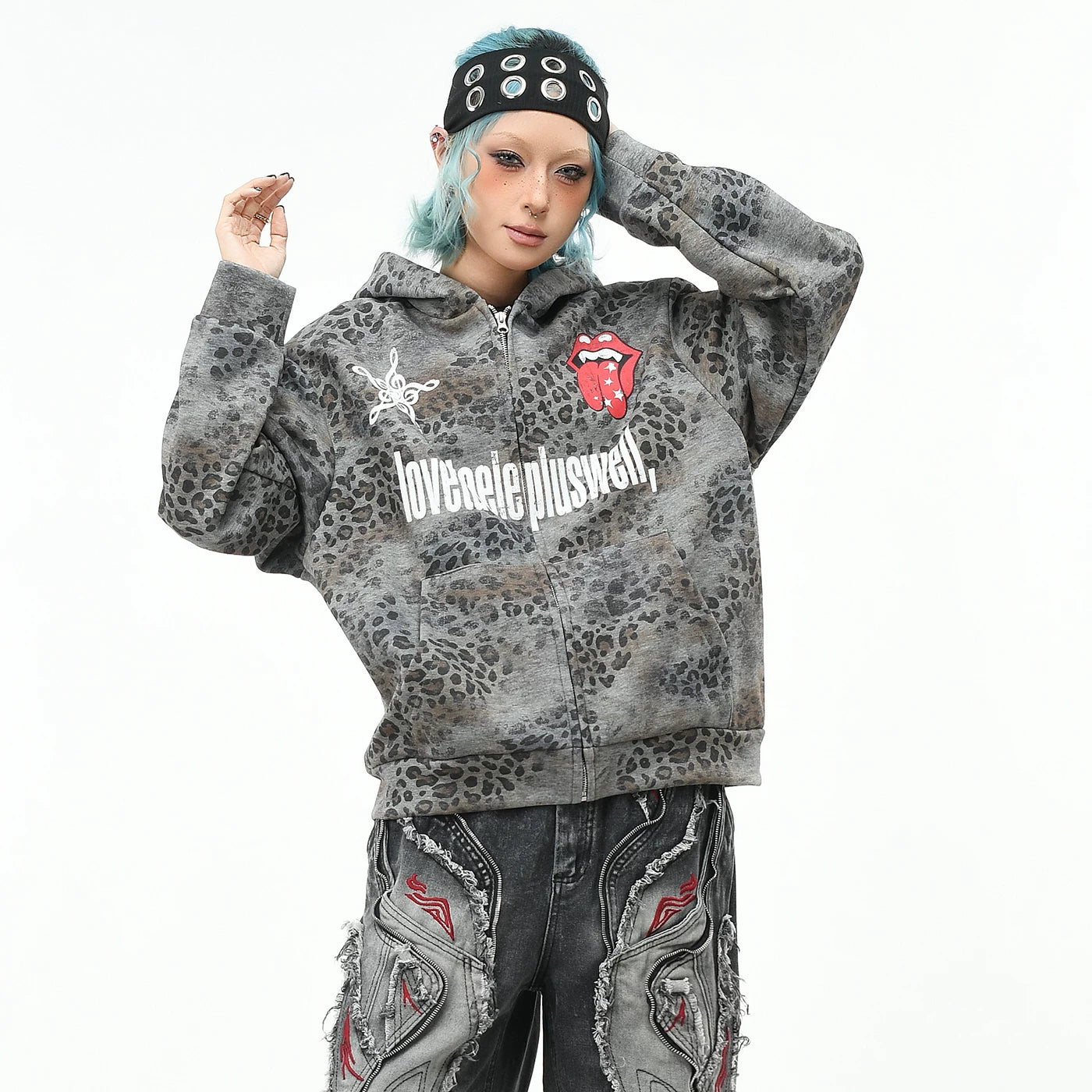OV original American leopard print rolling stone print hooded sweatshirt for men and women, autumn loose subculture trendy brand cardigan jacket