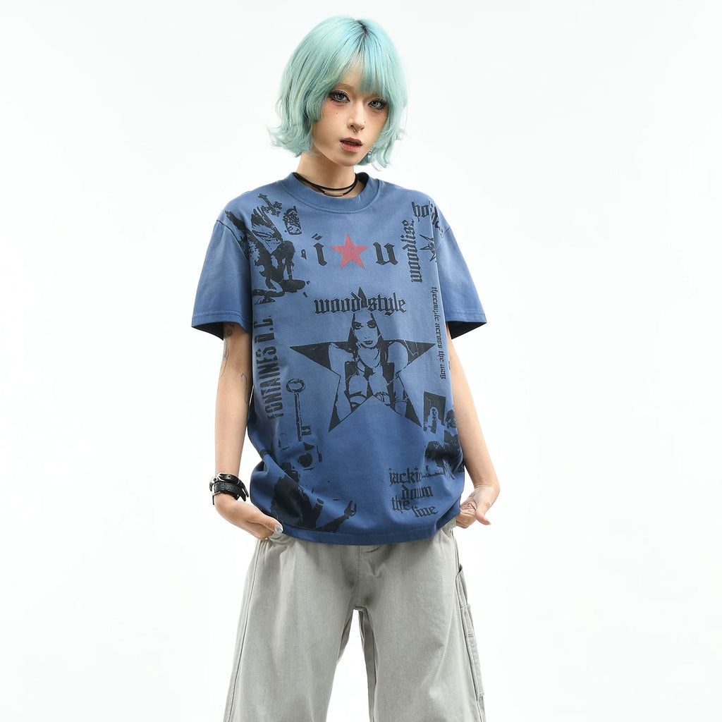 OV original/street light Asian style figure printed short sleeved T-shirt for women in summer, loose, vintage, trendy, cool shoulder top for men