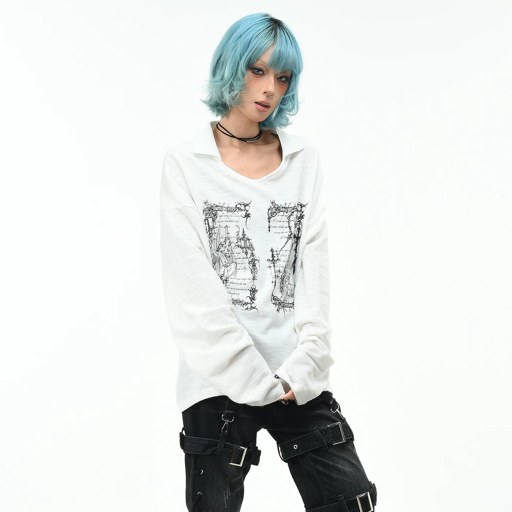 OV original American Death Angel print V-neck long sleeved T-shirt for men and women in autumn, loose subculture, lapel top trend