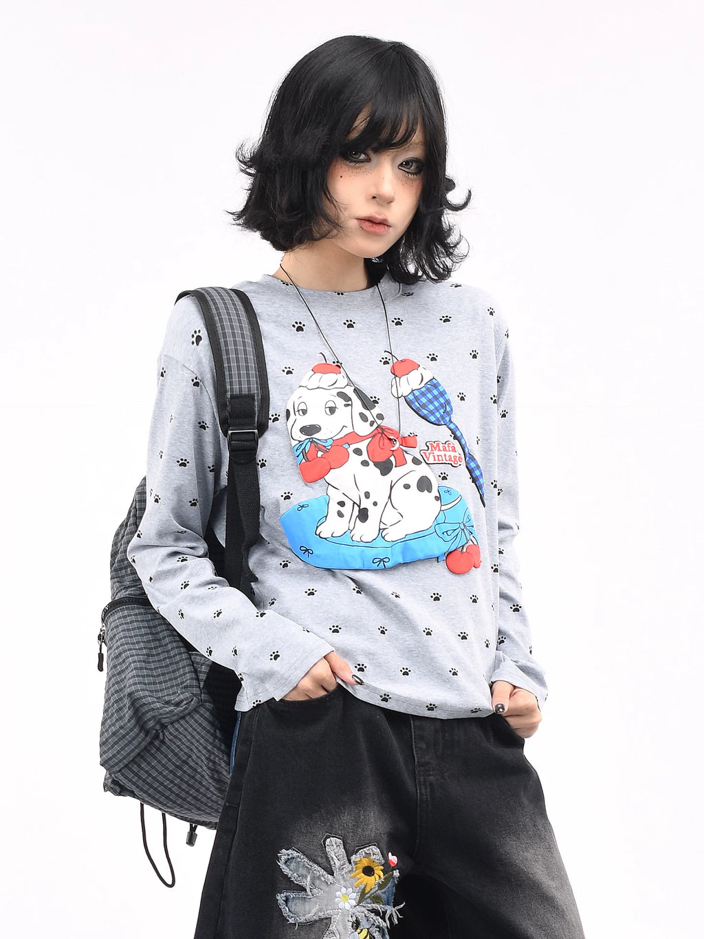 OV Original/American Fun Dog Foam Printed Long Sleeve T-shirt for Women Autumn Front Shoulder Short Casual Bottom Top