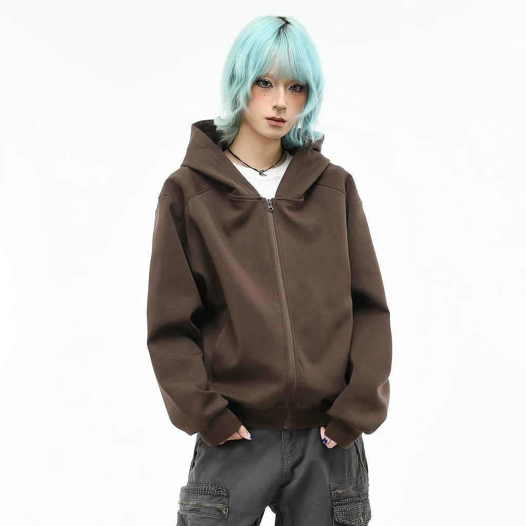 OV original American minimalist style solid color hooded sweatshirt for men and women autumn loose short zipper cardigan casual jacket