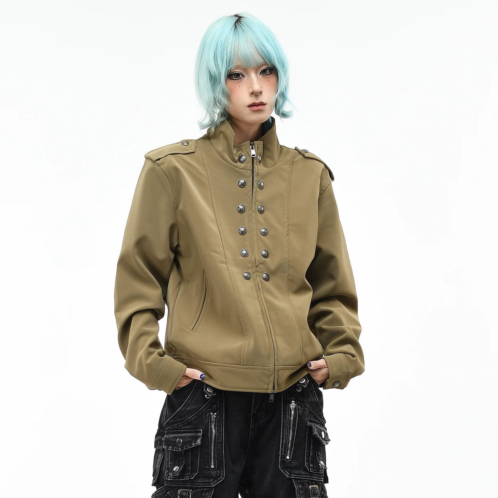 OV original retro Baroque style buckle design PU leather jacket for men and women autumn loose short standing collar jacket jacket