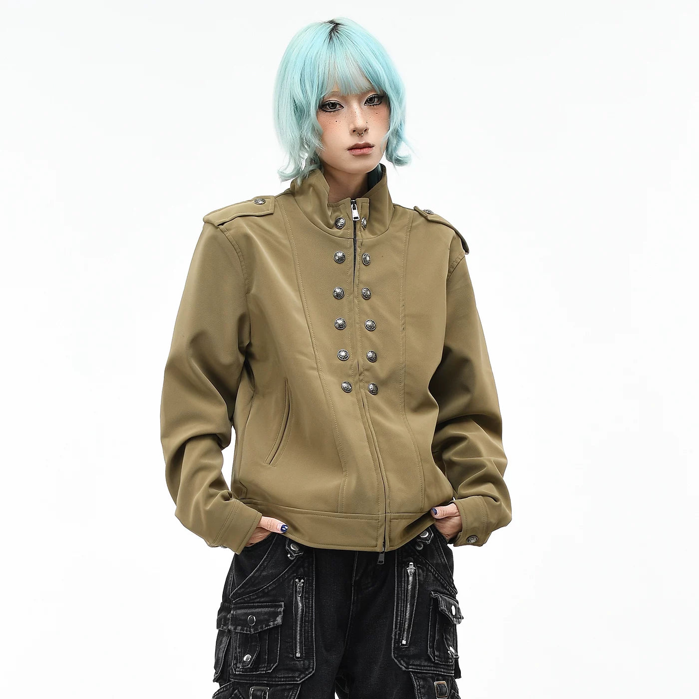 OV original retro Baroque style buckle design PU leather jacket for men and women autumn loose short standing collar jacket jacket