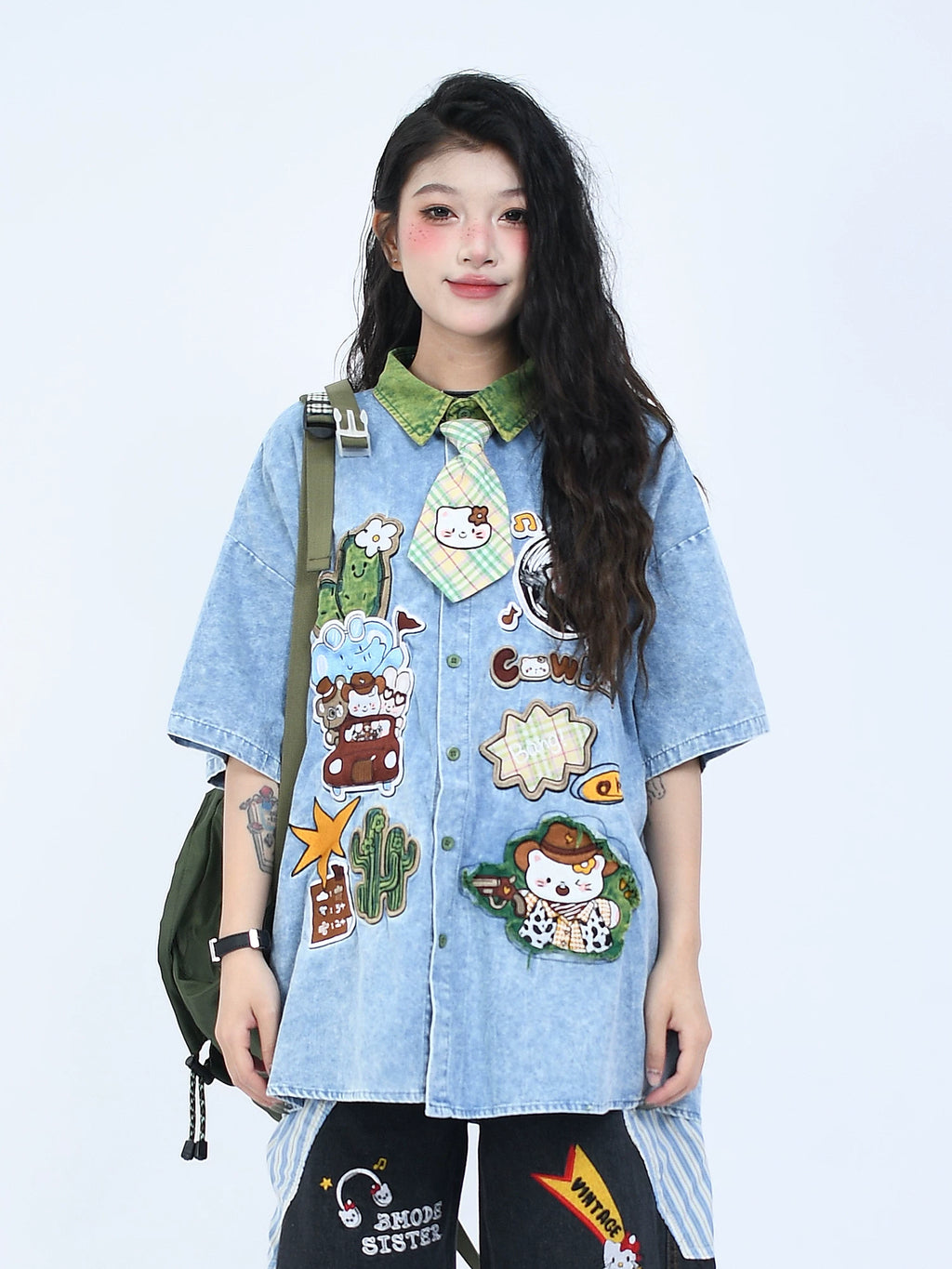OV original summer cartoon sticker embroidery distressed washed denim shirt men's and women's loose short sleeved tie shirt trend