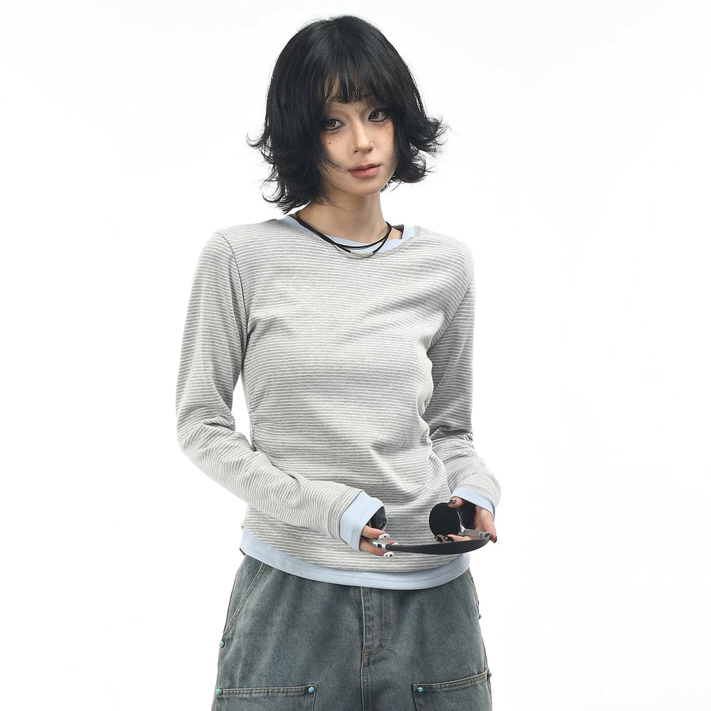 OV original/American retro fake two-piece striped long sleeved T-shirt for women in autumn, shoulder length short, waist cinching and slimming base shirt