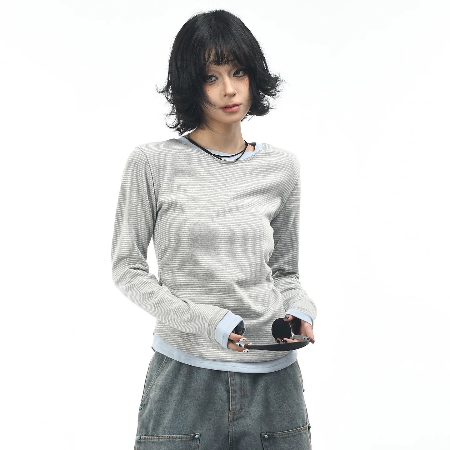 OV original/American retro fake two-piece striped long sleeved T-shirt for women in autumn, shoulder length short, waist cinching and slimming base shirt