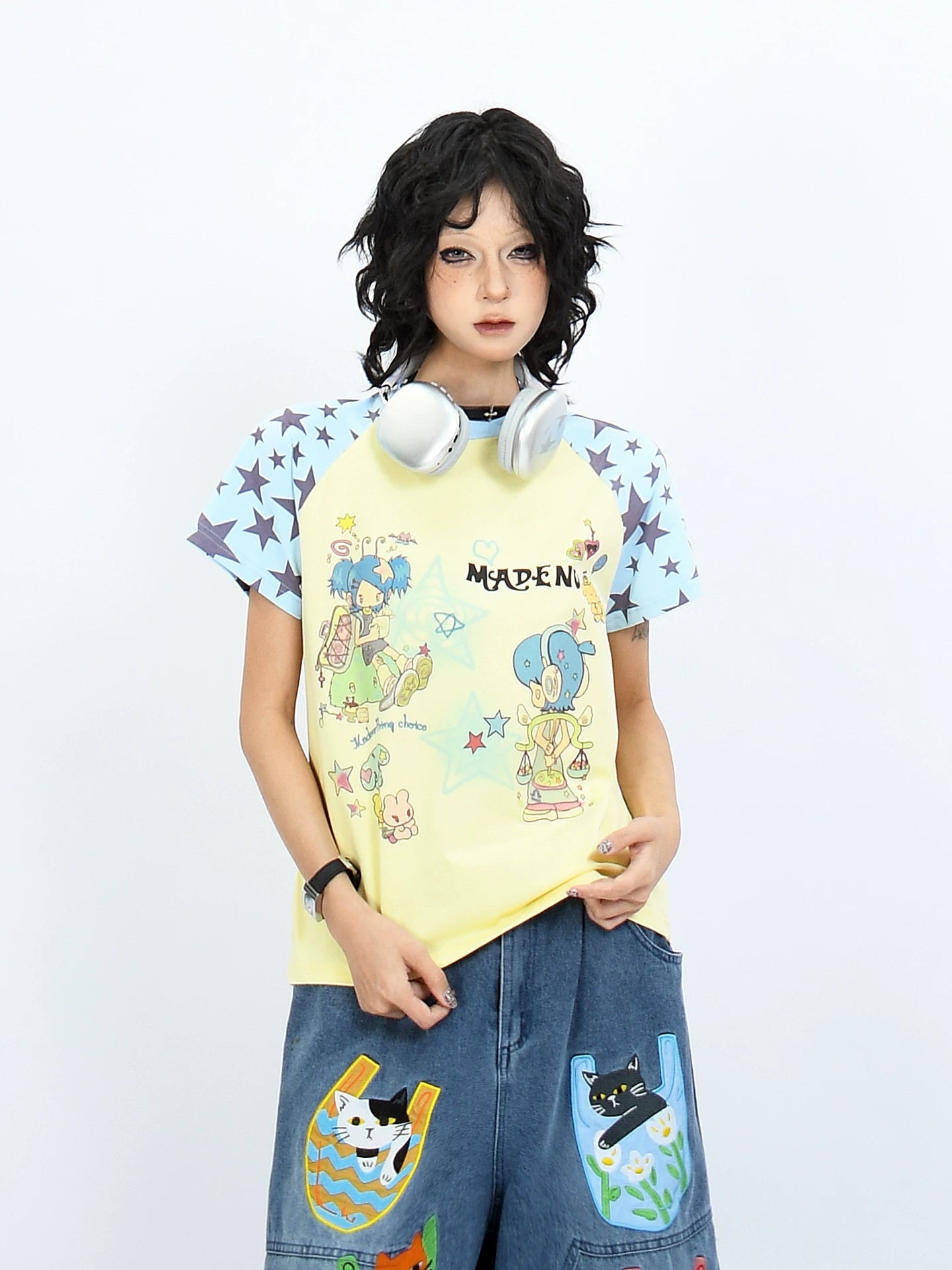 OV original American fun cartoon printed shoulder short sleeved T-shirt for women y2k with raglan sleeves and contrasting color short summer top