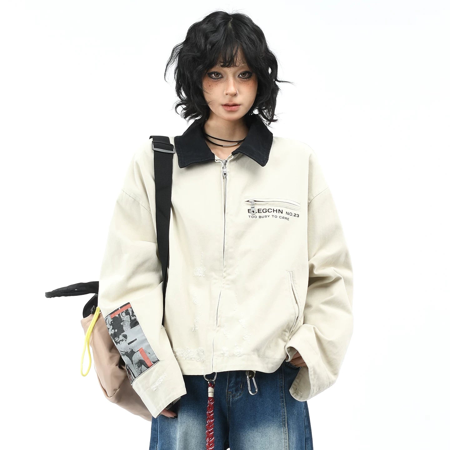 OV original American retro character patch embroidered washed workwear jacket for men and women, autumn street short and wide casual jacket