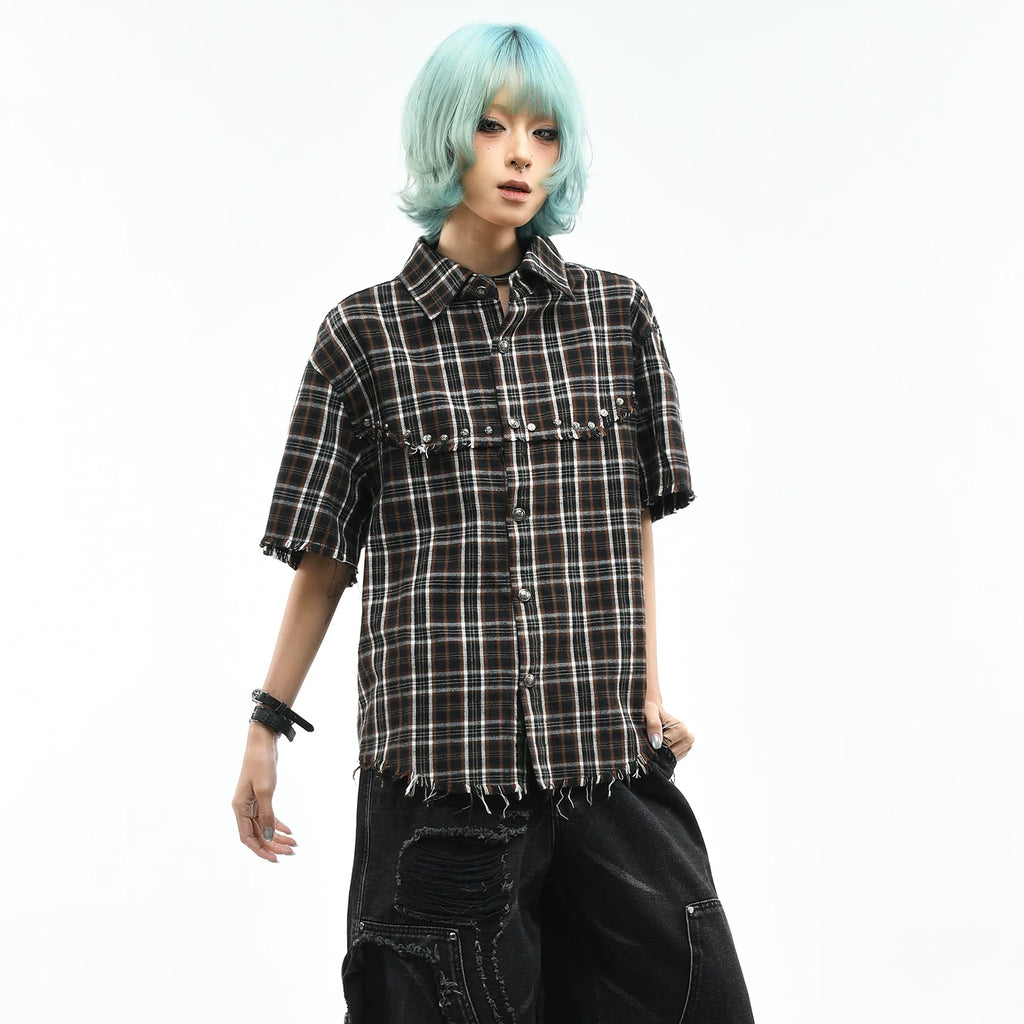 OV original American retro checkered contrasting rivet short sleeved shirt for women in summer, loose short cut with fringed edges, men's trendy shirt