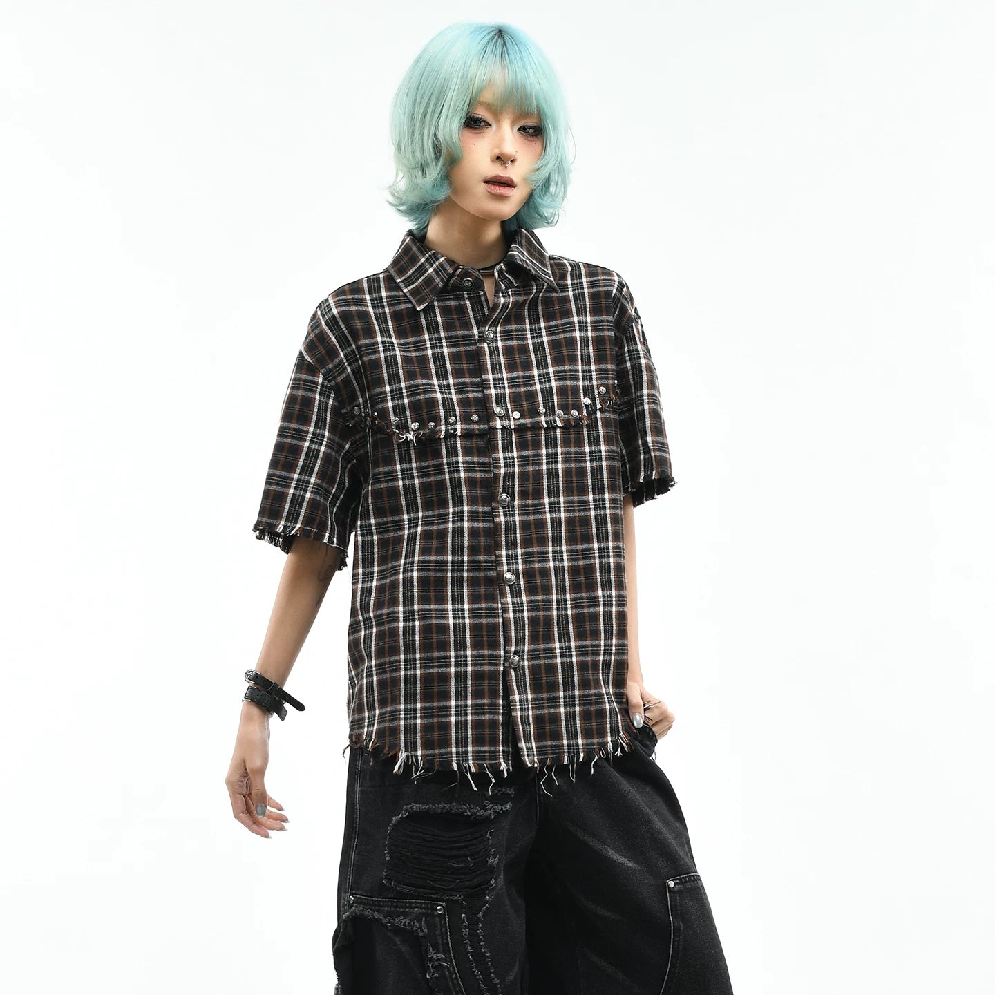 OV original American retro checkered contrasting rivet short sleeved shirt for women in summer, loose short cut with fringed edges, men's trendy shirt