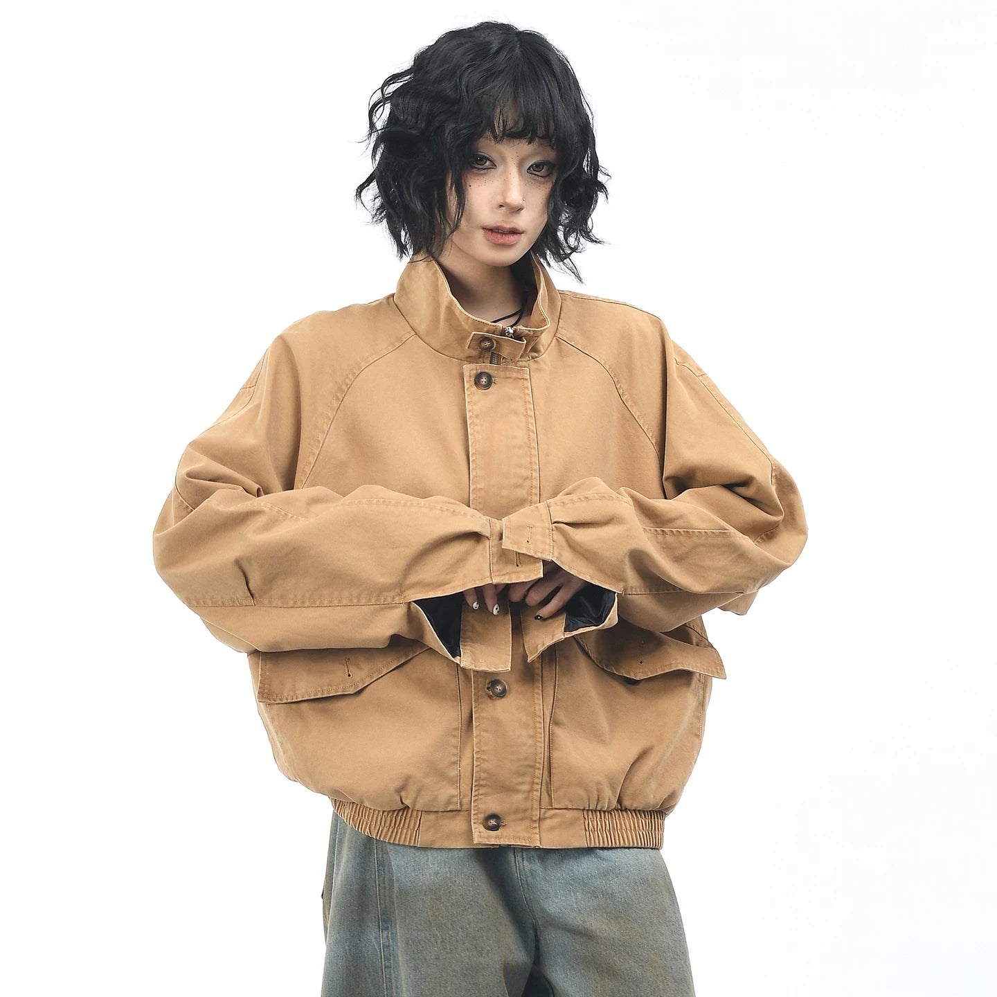 OV original American washed large pocket workwear jacket for men and women, autumn street loose casual couple stand up collar jacket