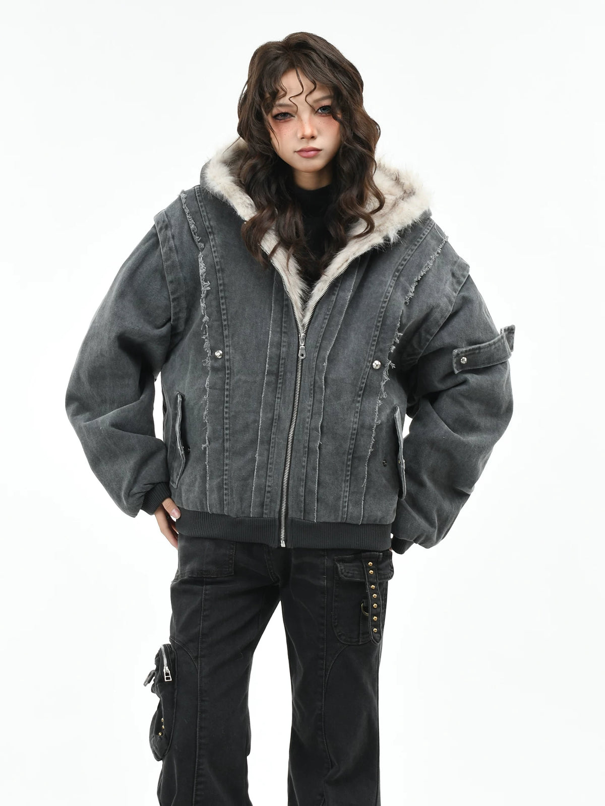 OV Original American Deconstructed Edge Splicing Used Cotton Jacket for Women Winter Seat Mountain Carving Loose Hooded Cotton Jacket for Men