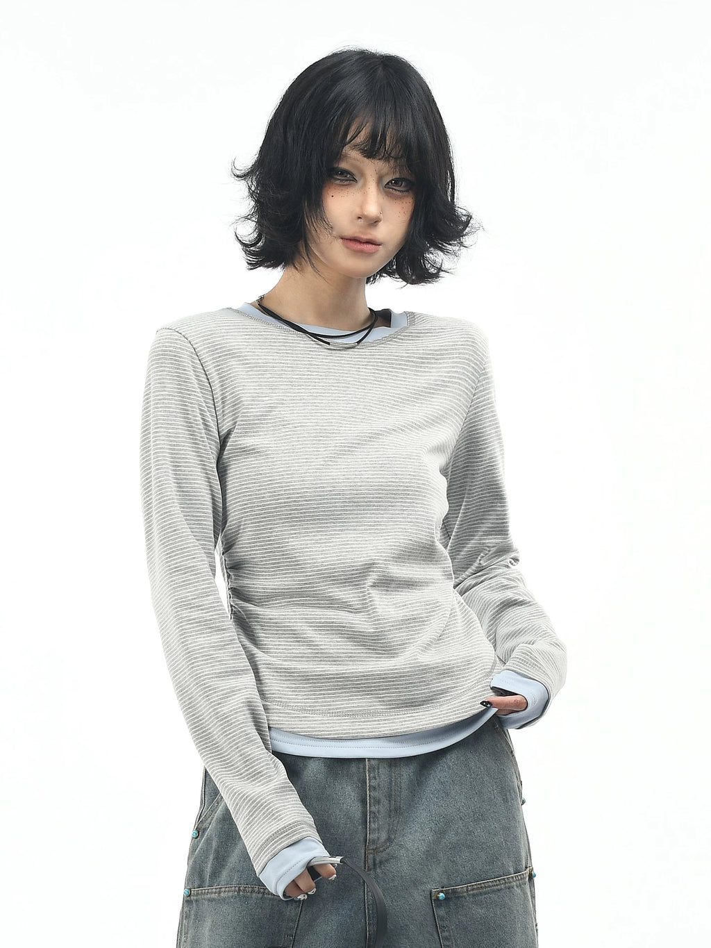 OV original/American retro fake two-piece striped long sleeved T-shirt for women in autumn, shoulder length short, waist cinching and slimming base shirt