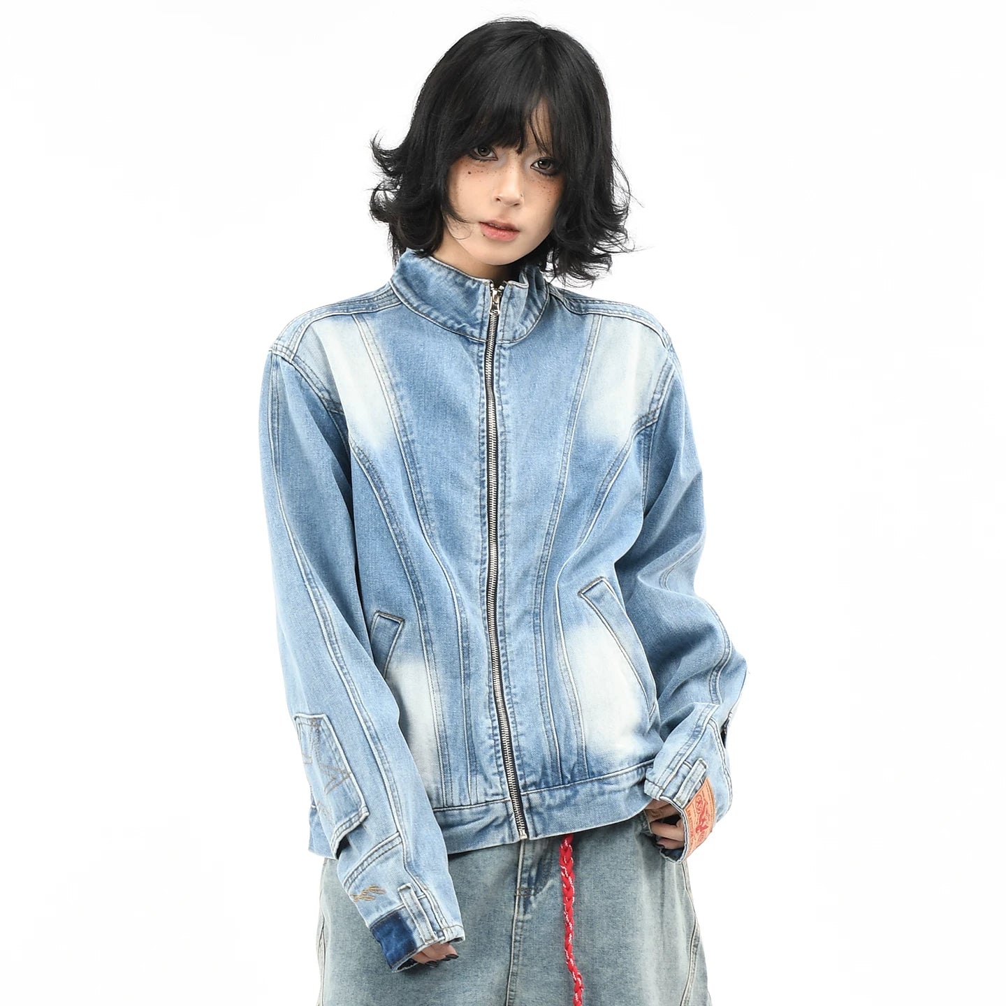OV Original American Deconstruction Splicing Water Washed Cowboy Jacket for Women's Street Loose Pocket Inverted Design Autumn Jacket