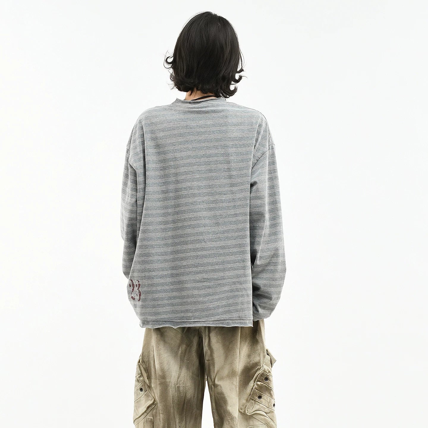 OV original/American retro striped letter printed long sleeved T-shirt for women's spring loose couple casual base top