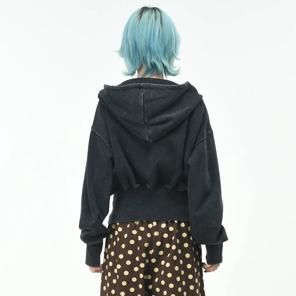 OV Original Retro Hot Diamond Widening Thread Waist Hoodie Women's Autumn Loose Short cardigan Show Thin Coat