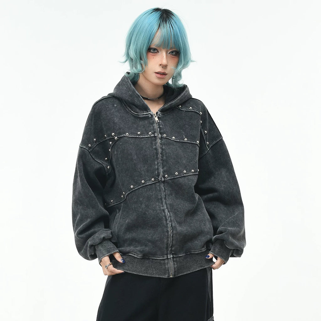 OV original retro deconstruction rivet making old washed hooded sweatshirt women's autumn loose zipper cardigan jacket men's trend