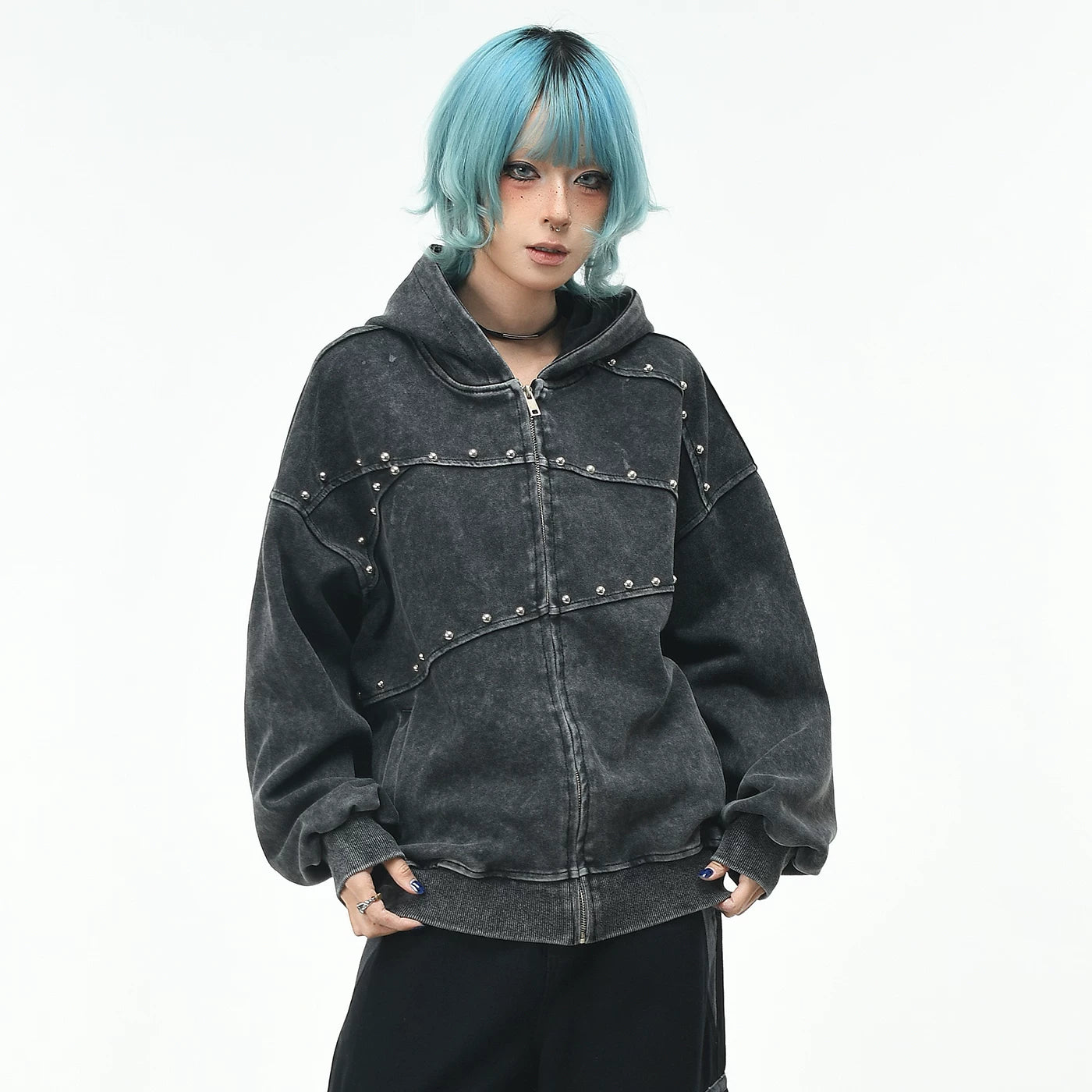 OV original retro deconstruction rivet making old washed hooded sweatshirt women's autumn loose zipper cardigan jacket men's trend
