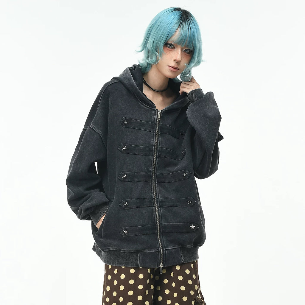 OV original light Asian style pork rib rivet made old hooded sweatshirt for women, autumn street loose zipper cardigan jacket for men