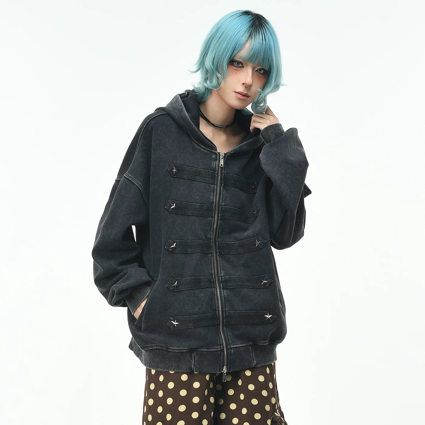 OV original light Asian style pork rib rivet made old hooded sweatshirt for women, autumn street loose zipper cardigan jacket for men