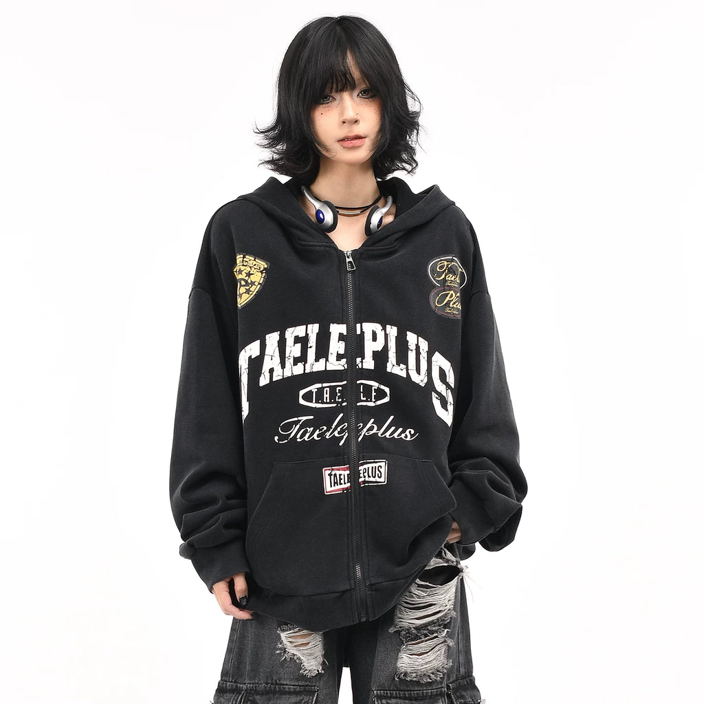 OV original American racing style vintage washed hooded sweatshirt for men and women autumn loose casual cardigan zipper jacket