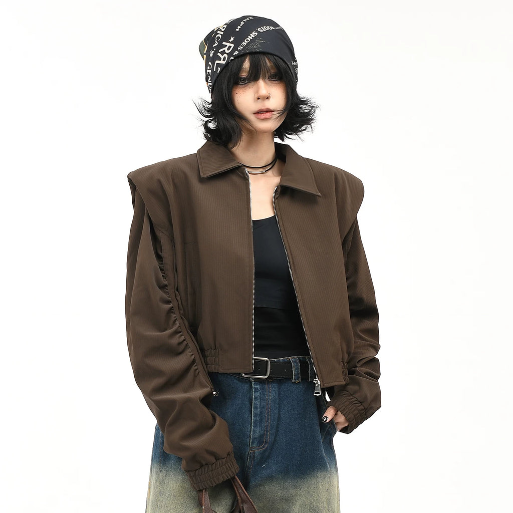 OV Original American Retro Shoulder Cushion Coffee Color Short Coat for Women, Autumn Luxury, Casual Collar Jacket, Trendy Top