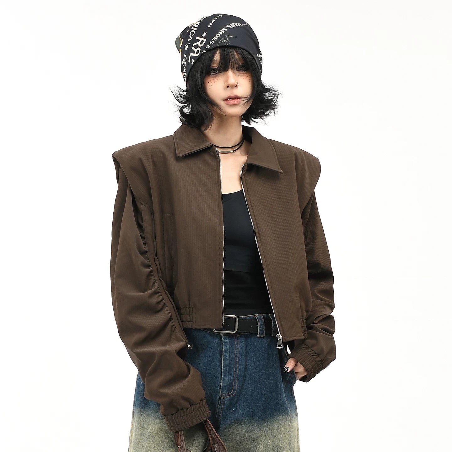 OV Original American Retro Shoulder Cushion Coffee Color Short Coat for Women, Autumn Luxury, Casual Collar Jacket, Trendy Top