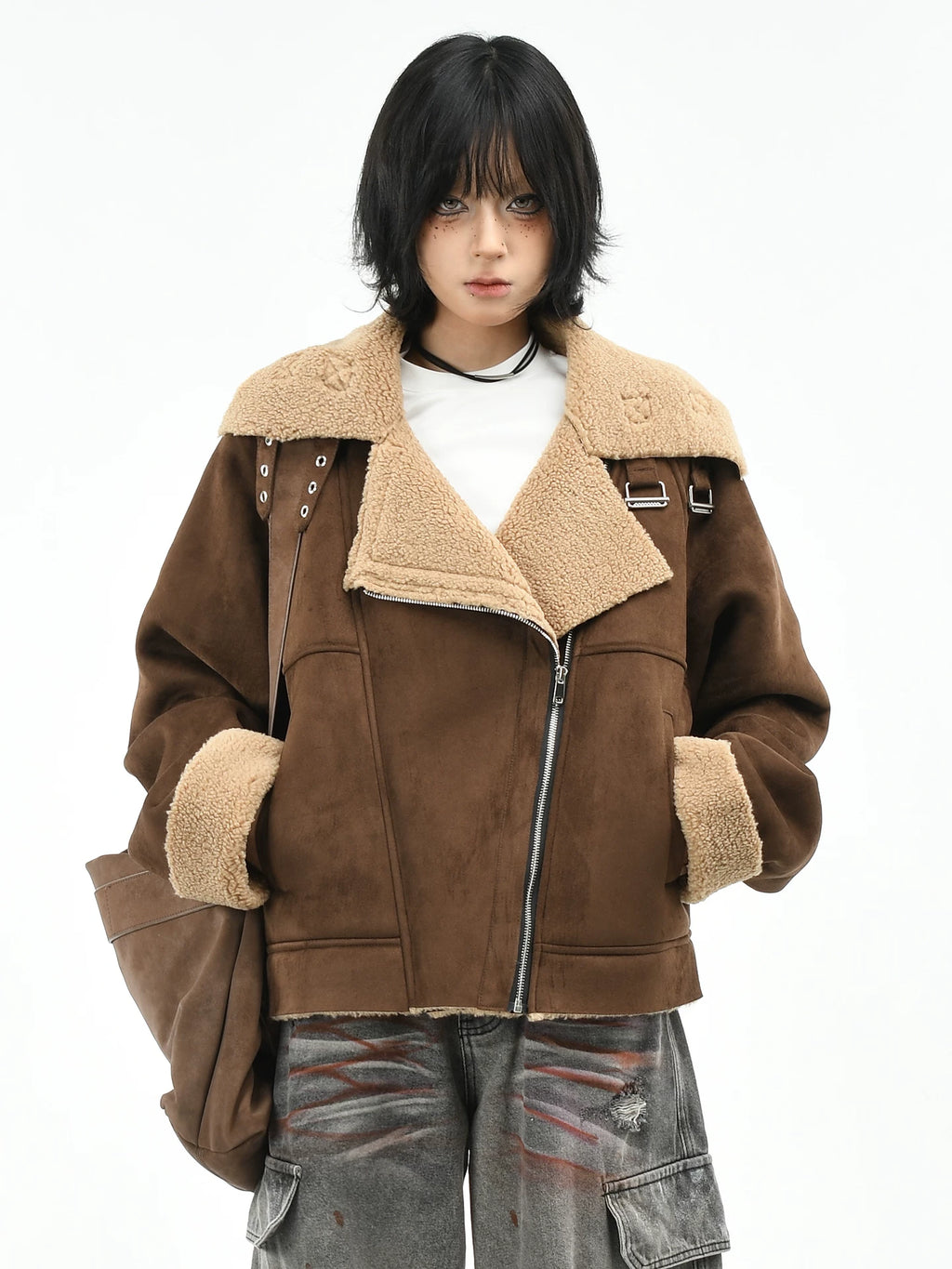 OV original American retro suede fur integrated fleece jacket for women in winter, short jacket for men, trendy