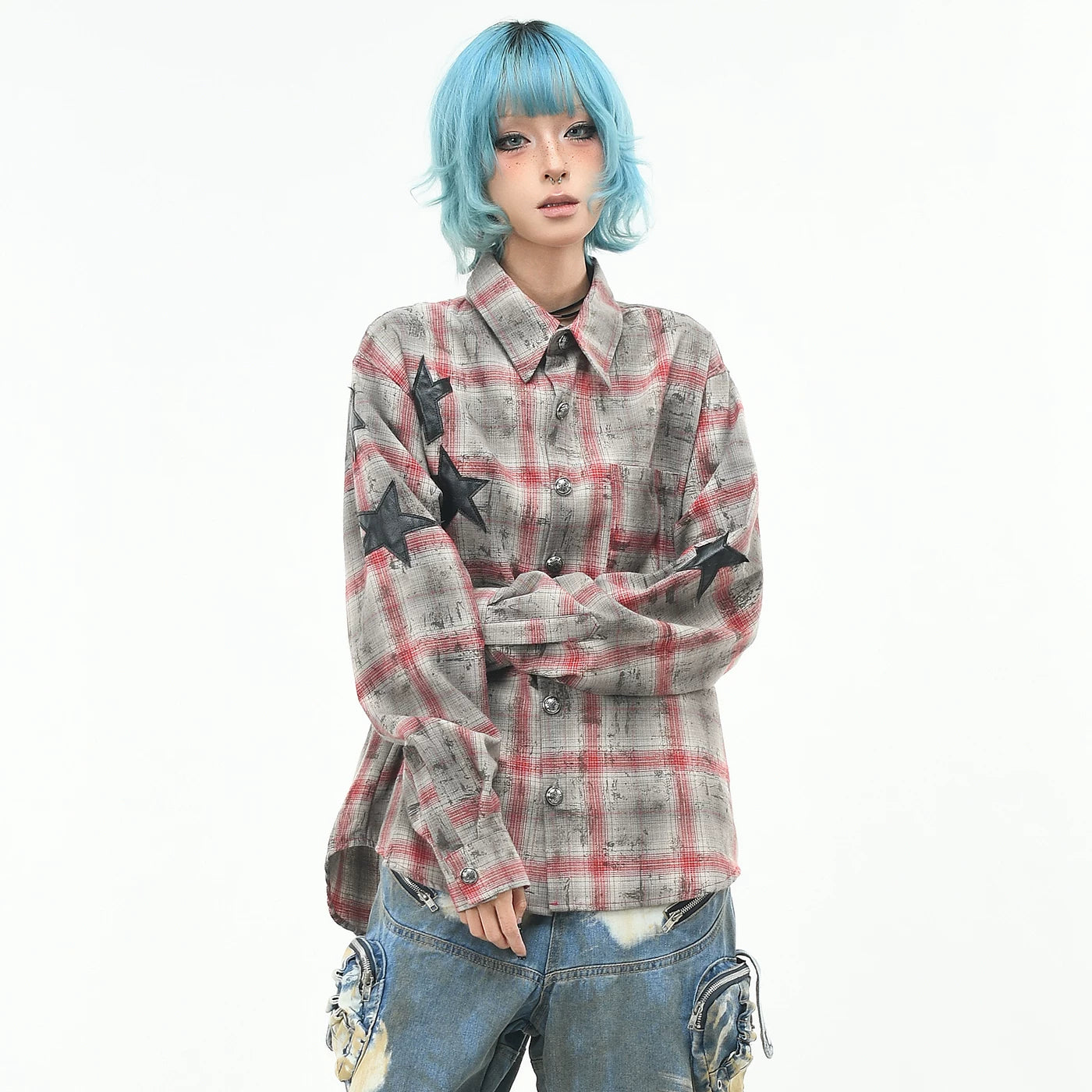 OV original American vintage dirty dyed checkered long sleeved shirt for men and women in autumn, loose, star studded embroidered shirt trend