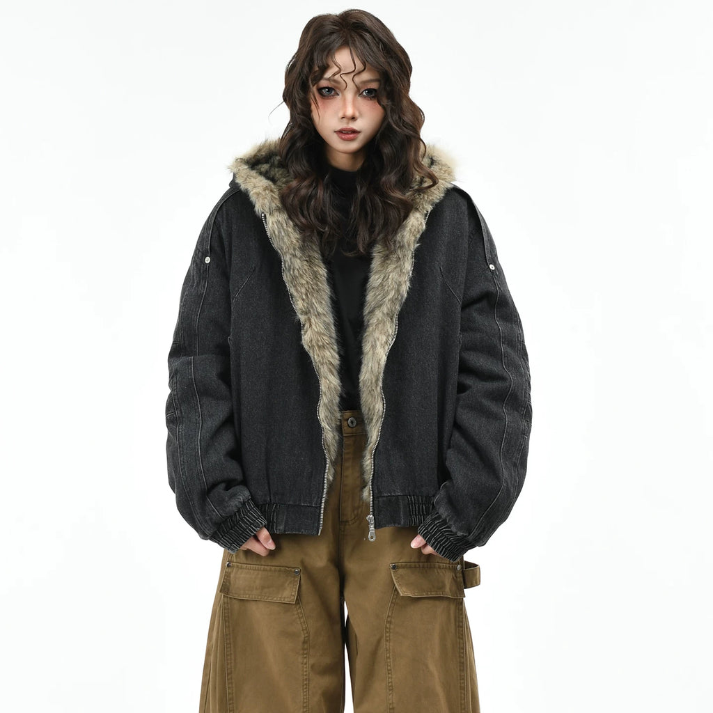 OV original American retro silhouette washed denim cotton jacket for women, winter seat mountain carving thick hooded cotton jacket for men