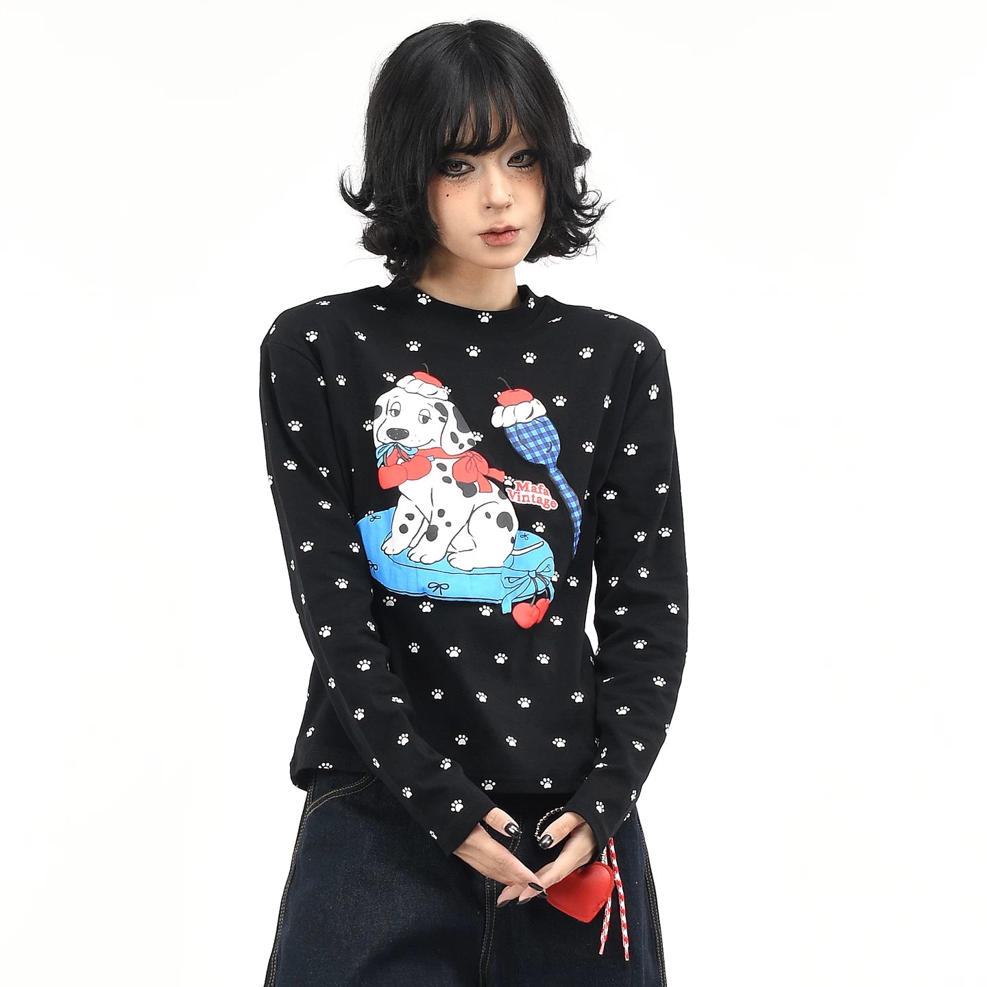 OV Original/American Fun Dog Foam Printed Long Sleeve T-shirt for Women Autumn Front Shoulder Short Casual Bottom Top
