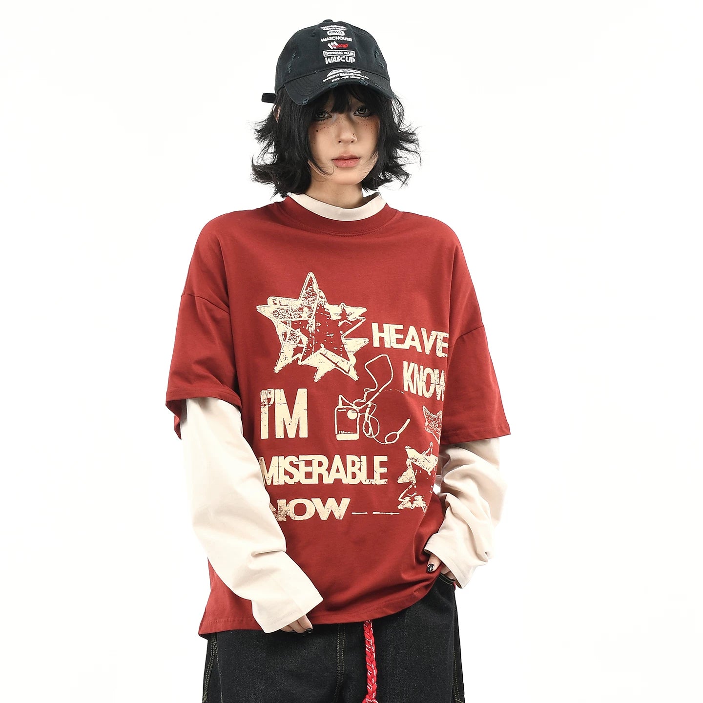 OV original/American retro fake two-piece contrasting splicing long sleeved T-shirt for men and women autumn street loose couple top