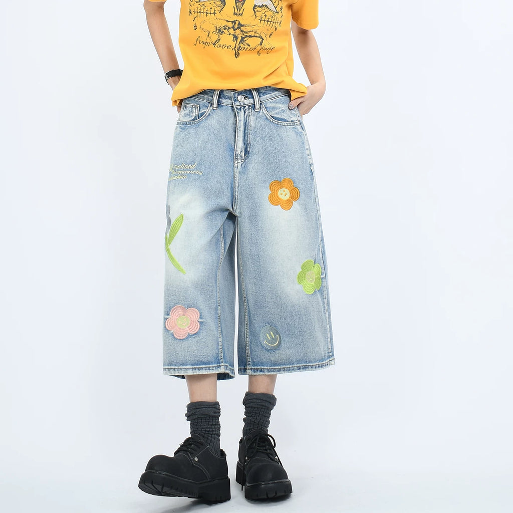 OV original American cropped pants with floral embroidery, washed denim, men's and women's summer retro loose shorts trend