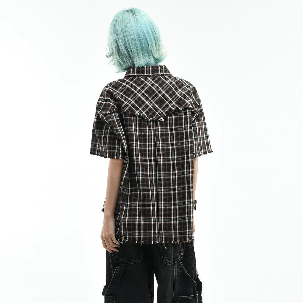 OV original American retro checkered contrasting rivet short sleeved shirt for women in summer, loose short cut with fringed edges, men's trendy shirt