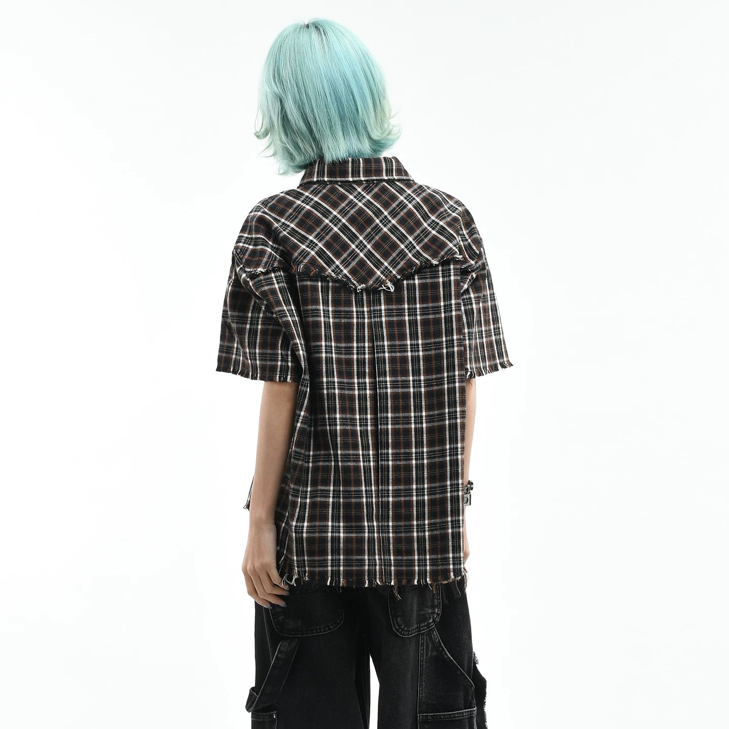OV original American retro checkered contrasting rivet short sleeved shirt for women in summer, loose short cut with fringed edges, men's trendy shirt