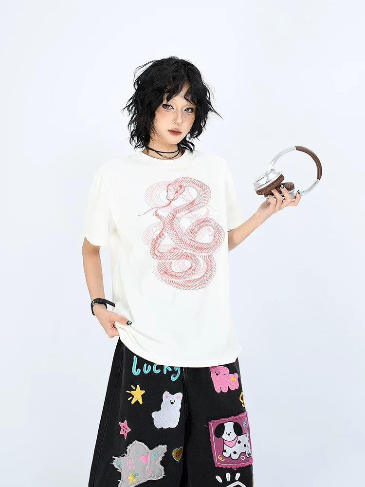 OV Original/Summer China-Chic Year of the Snake Limited 3D Printed Short Sleeve T-shirt Boy and Girl's box shaped Straight Shoulder Slim Top