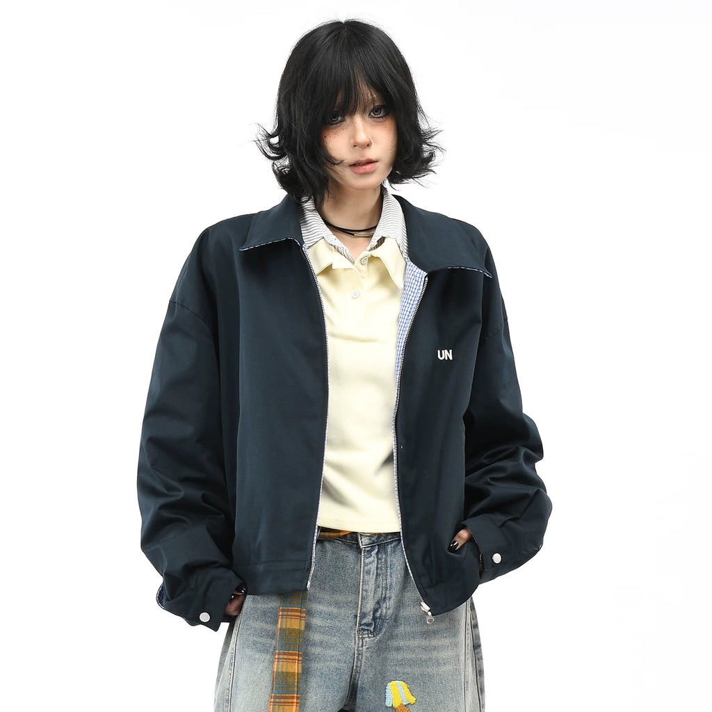 OV original American retro plaid double-sided jacket for men and women in autumn, small and loose casual short jacket trend