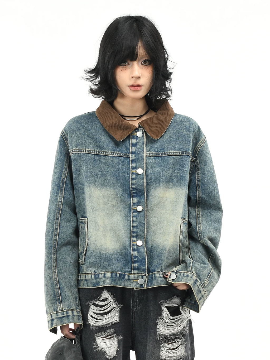 OV original American retro patchwork washed denim jacket for women in autumn, stylish and straight shoulder short loose jacket
