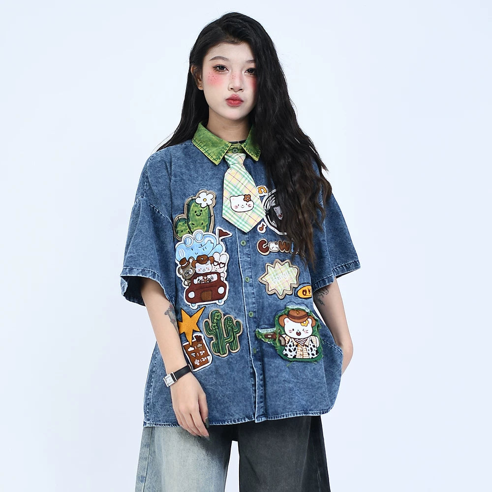 OV original summer cartoon sticker embroidery distressed washed denim shirt men's and women's loose short sleeved tie shirt trend