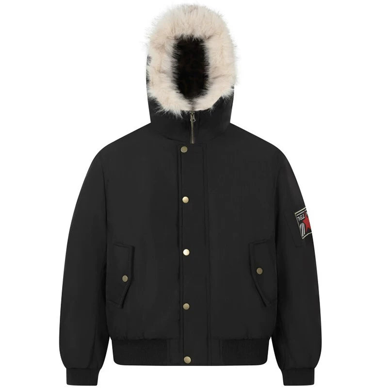 OV original American leopard print mountain carved fur collar hooded cotton jacket for women in winter, loose fitting cotton jacket for men, flying cotton jacket