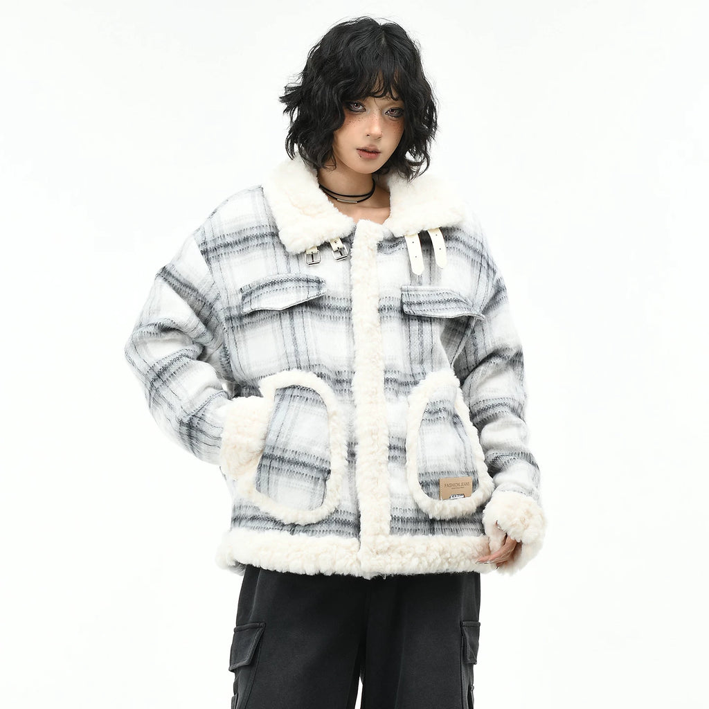 OV Original American Retro Checkered Lamb Fleece Collar Coat for Women in Winter, Loose and Warm, Cotton Jacket with Velvet, Cotton Jacket for Men