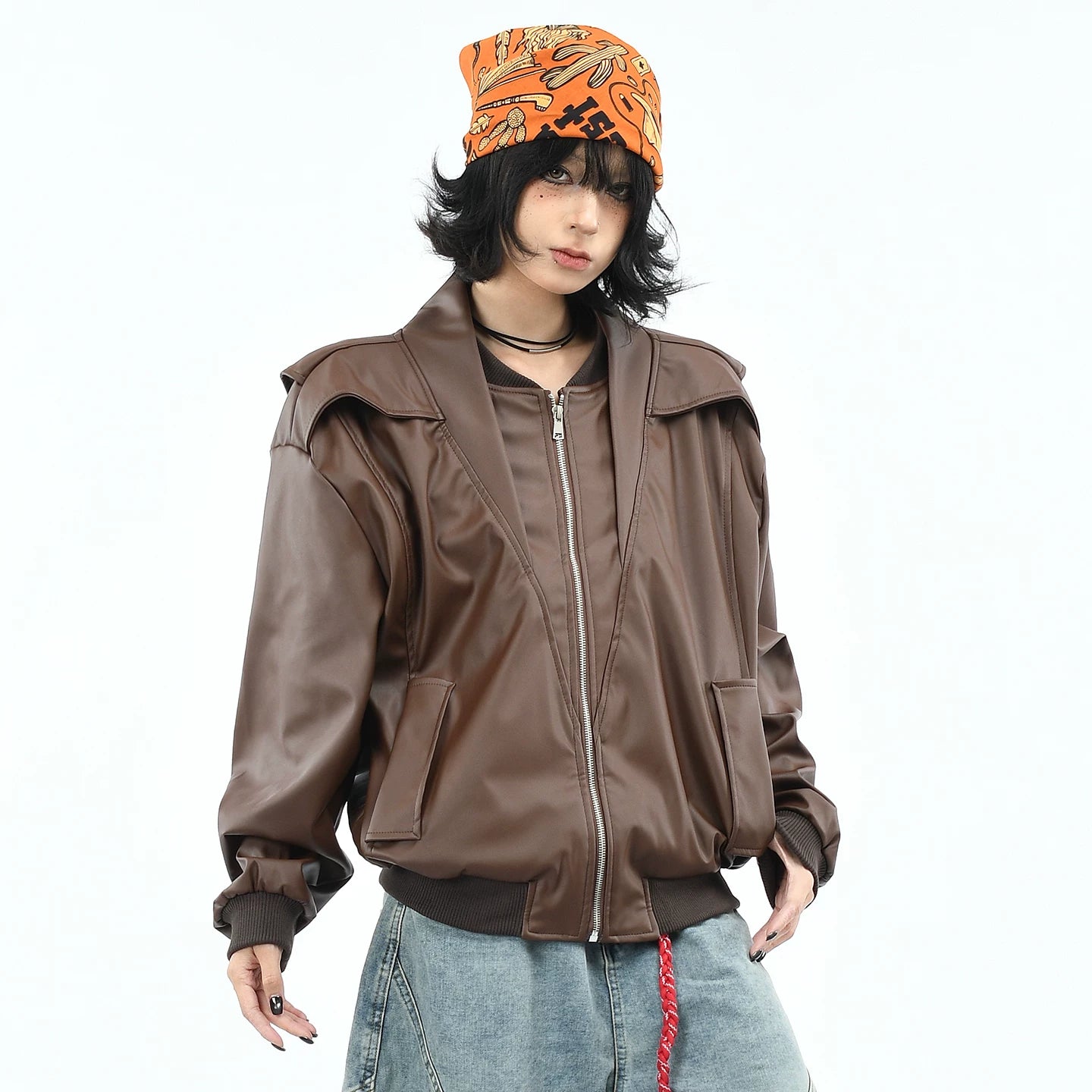 OV original American deconstruction splicing functional style PU leather jacket for women, autumn high-end feeling, wide loose neck jacket for men