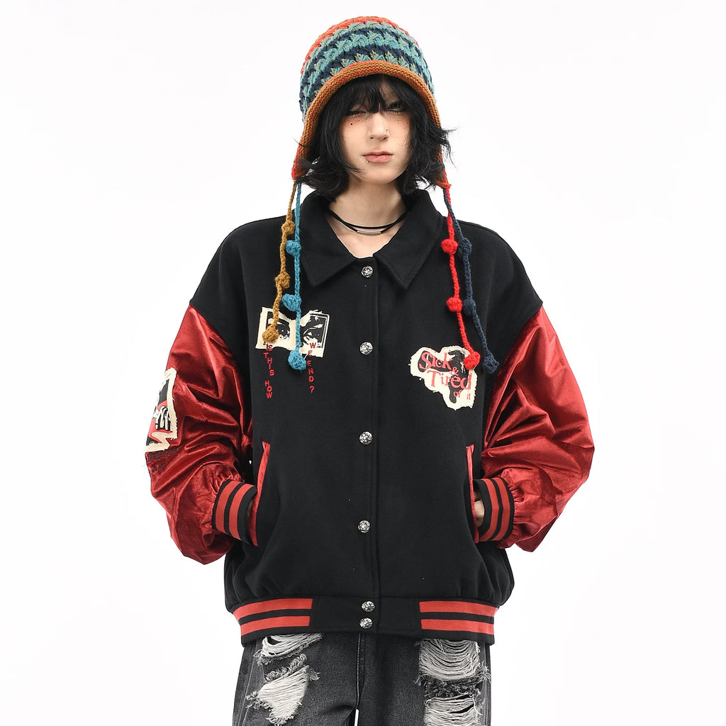 OV original American retro character patch embroidery baseball jacket for women, autumn loose contrasting splicing jacket for men