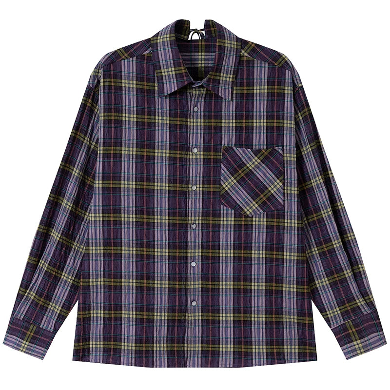 OV original American light wrinkled texture relaxed silhouette long sleeved shirt for women in spring, loose retro checkered shirt for men