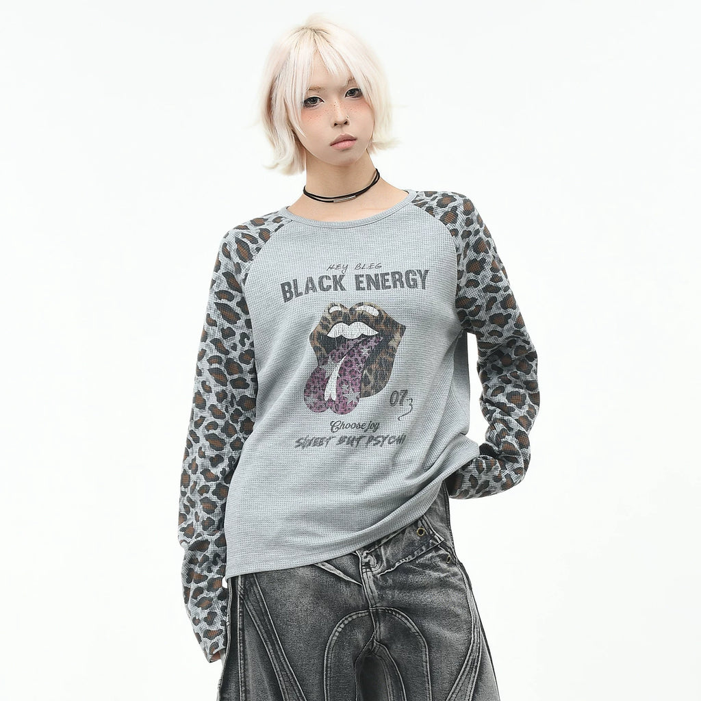 OV original/American style spicy girl leopard print splicing short long sleeved T-shirt for men and women in autumn loose rolling stone print top trend